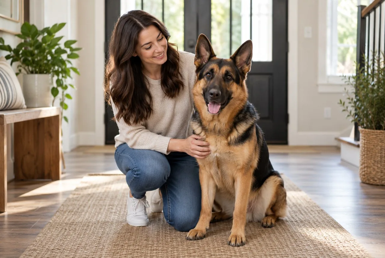 German shepherd sitting indoors beside owner